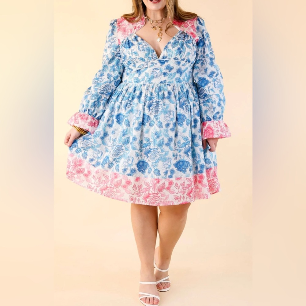 Simply Southern Blue and Pink Floral Puff-Sleeve Babydoll Dress